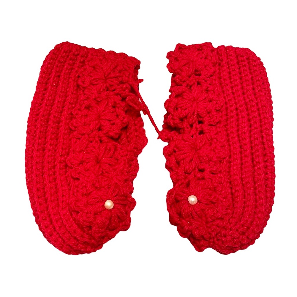 New Handmade Red Crochet Slippers knitted booties Floral pearl size 8